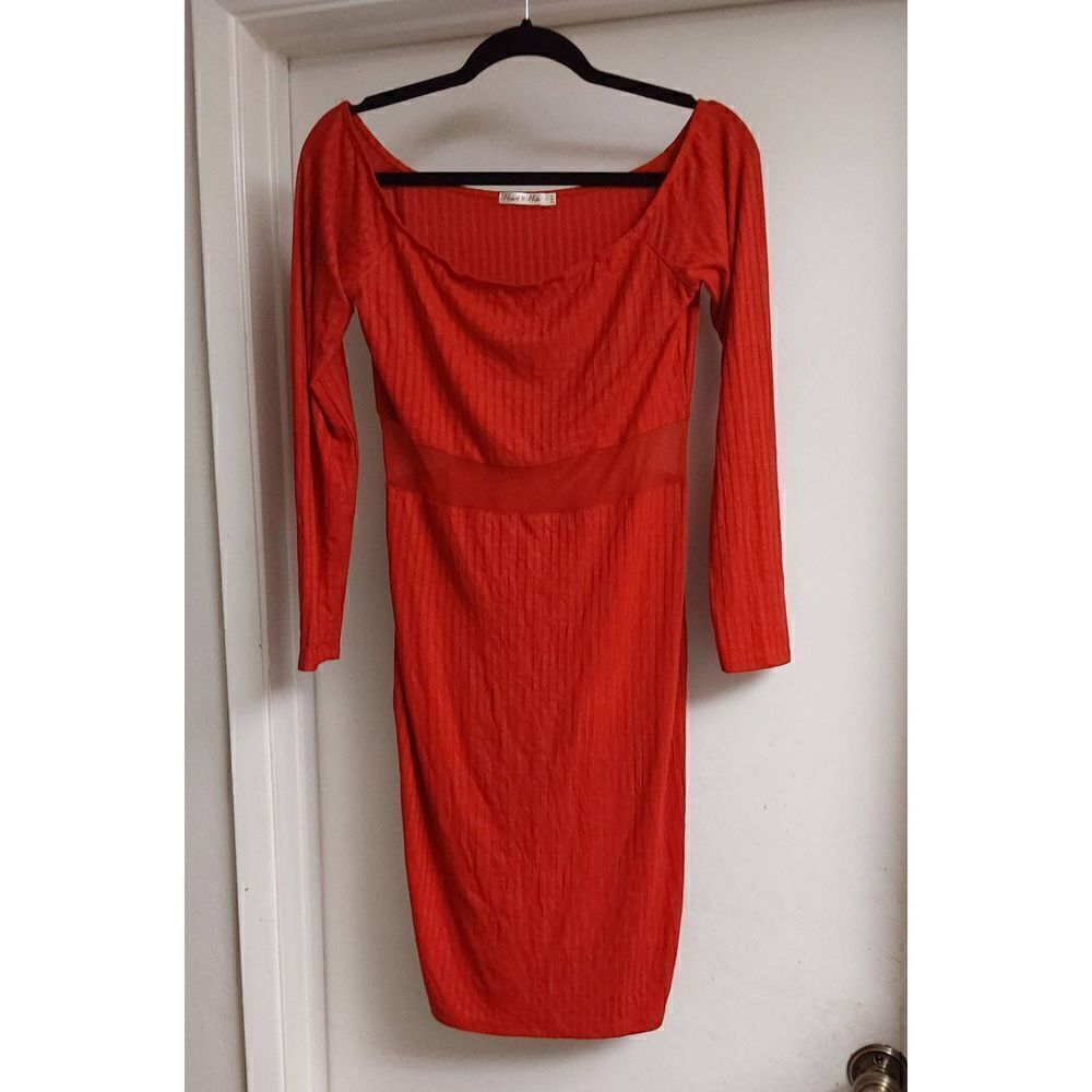 Pretty Red Ridged Knit Center Mesh Panel Midi Dress Sz Large